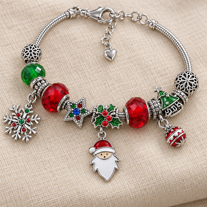 Armband in Silberton mit Weihnachtsmann-Gesicht, Strass-Stern, Stechpalme, rot-weisser Kugel und Kristallperlen