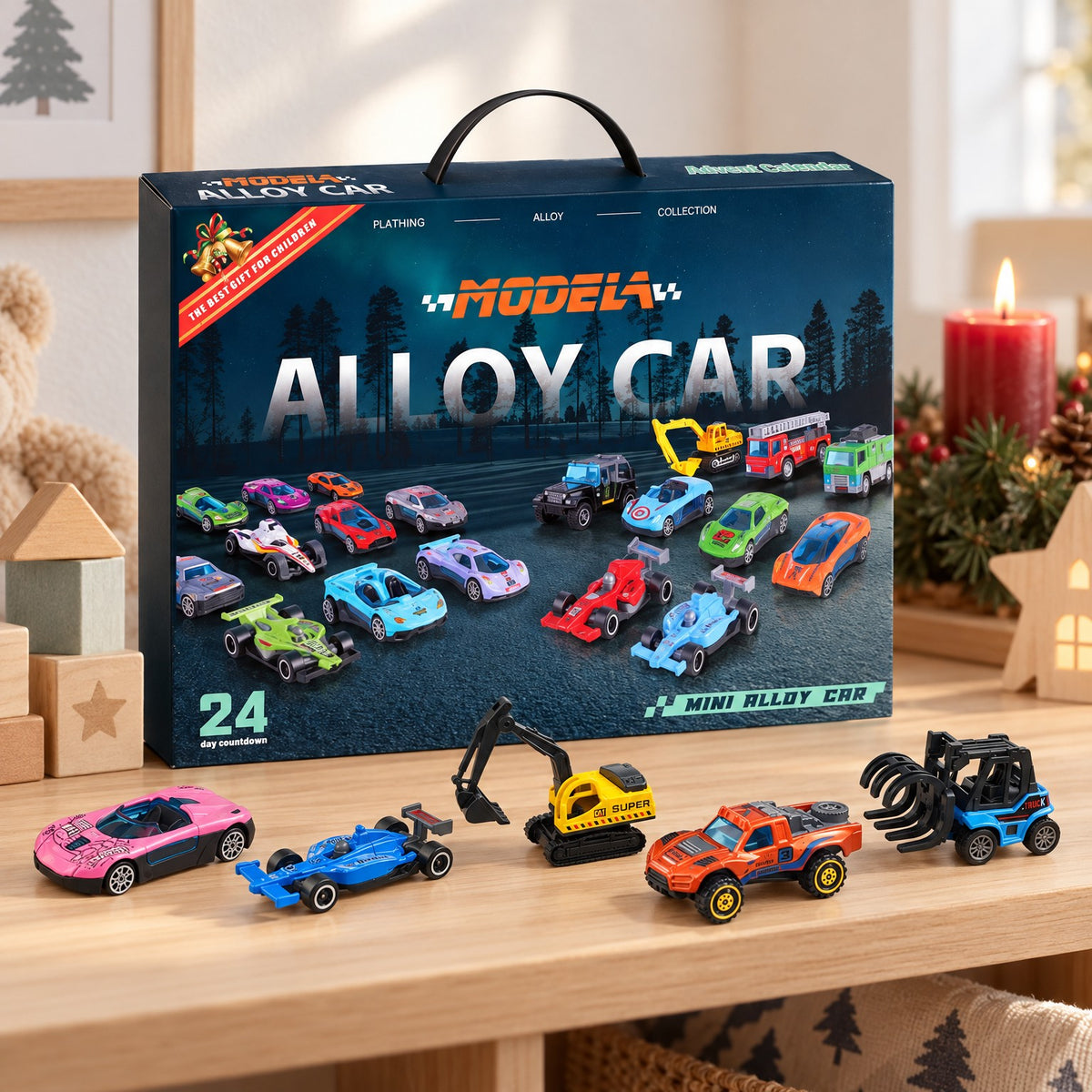 Auto Adventskalender mit Tragegriff und fünf Metall-Fahrzeugen