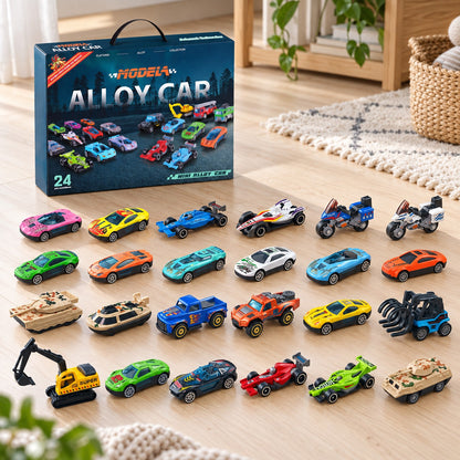 Inhalt Auto Adventskalender: 24 Metall-Fahrzeuge vor der Box