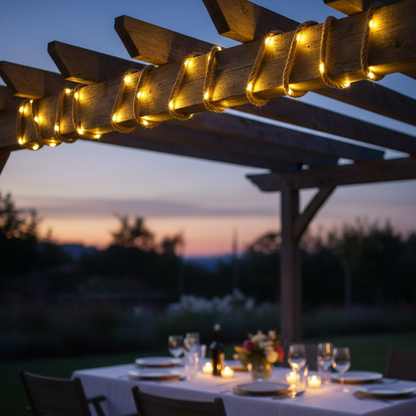 Solarlichterkette Outdoor mit Boho-Charme aus Hanfseil mit Kupferdraht und warmen LEDs
