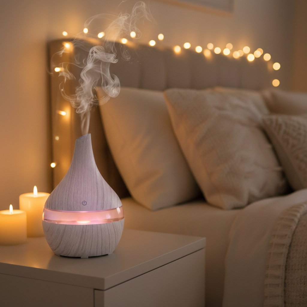 Mini Aroma Diffuser USB Holzoptik im Einsatz auf einem Schreibtisch, ideal für Büro und Homeoffice.