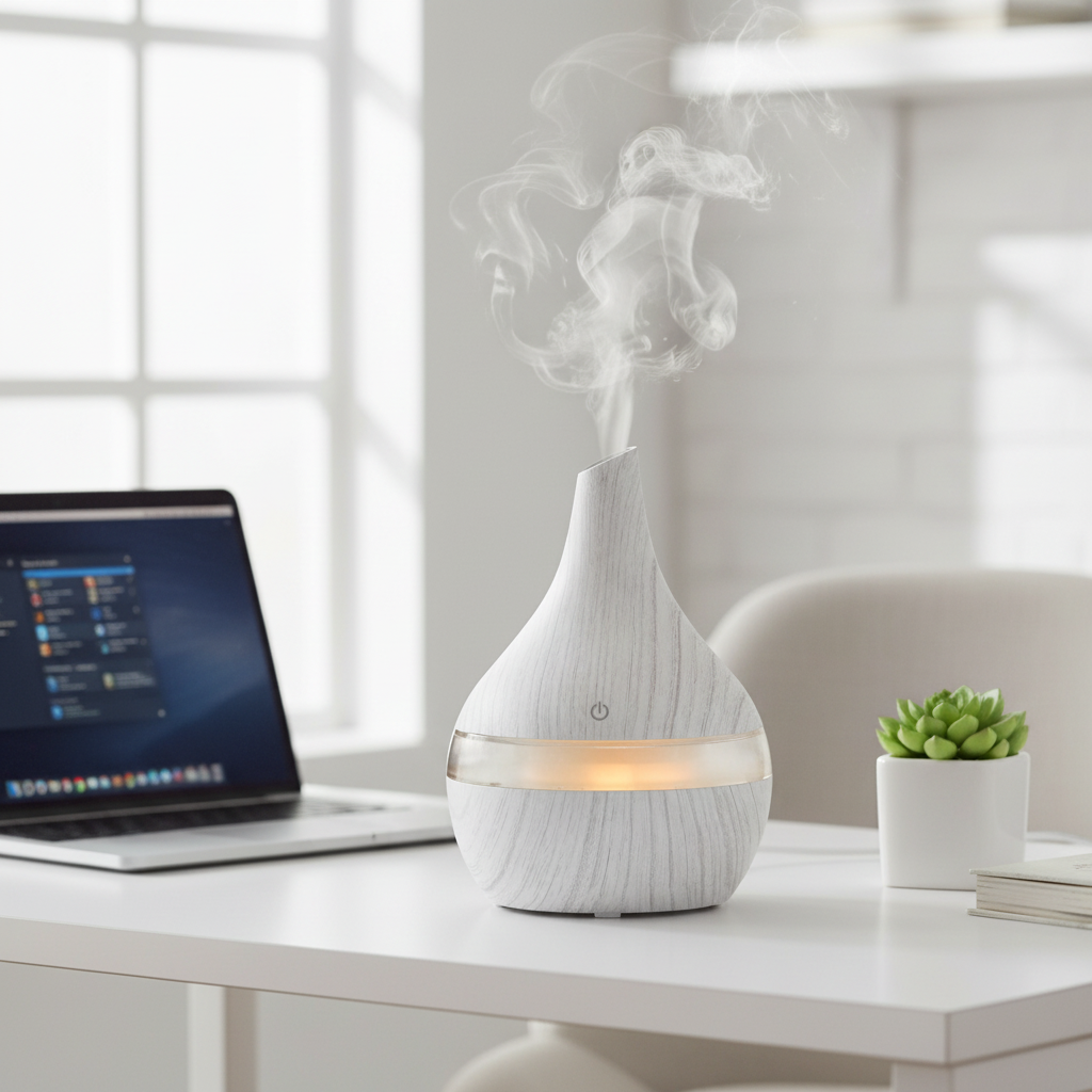 Mini Aroma Diffuser USB Holzoptik auf einem Nachttisch, perfekt für erholsamen Schlaf mit Lavendel-Duft.