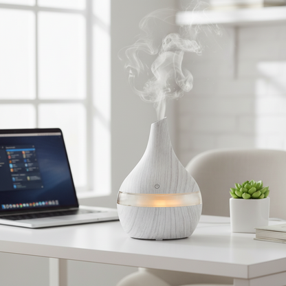 Mini Aroma Diffuser USB Holzoptik auf einem Nachttisch, perfekt für erholsamen Schlaf mit Lavendel-Duft.