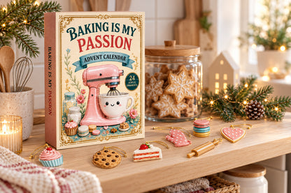 Back Adventskalender auf dem Küchenregal mit Plätzchenglas und Acryl-Anhängern Cupcake, Keks und Macarons