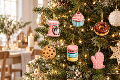 Back Adventskalender Anhänger Küchenmaschine, Cupcake, Donut und Macarons als Baumschmuck am Weihnachtsbaum