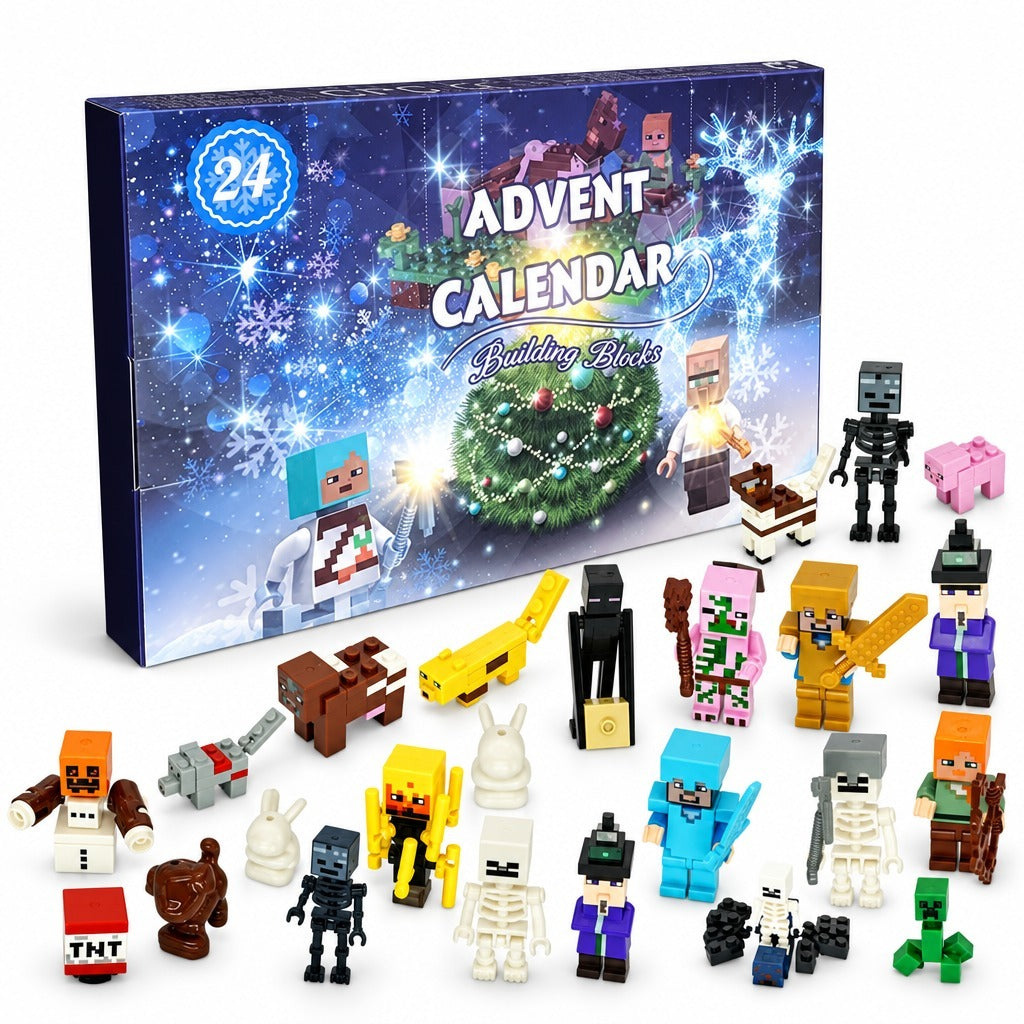 Minecraft Adventskalender im Pixel-Stil: blaue Box „Building Blocks“, davor alle Tiere, Skelette und Figuren