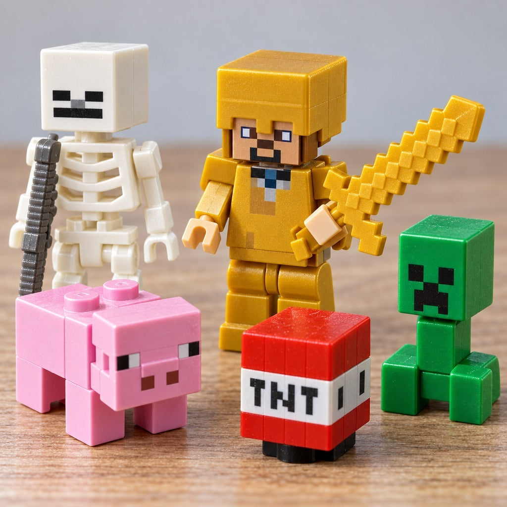 Nahaufnahme: Skelett mit Bogen, goldene Figur mit Pixelschwert, rosa Schwein, TNT-Block und grüne Creeper-Figur