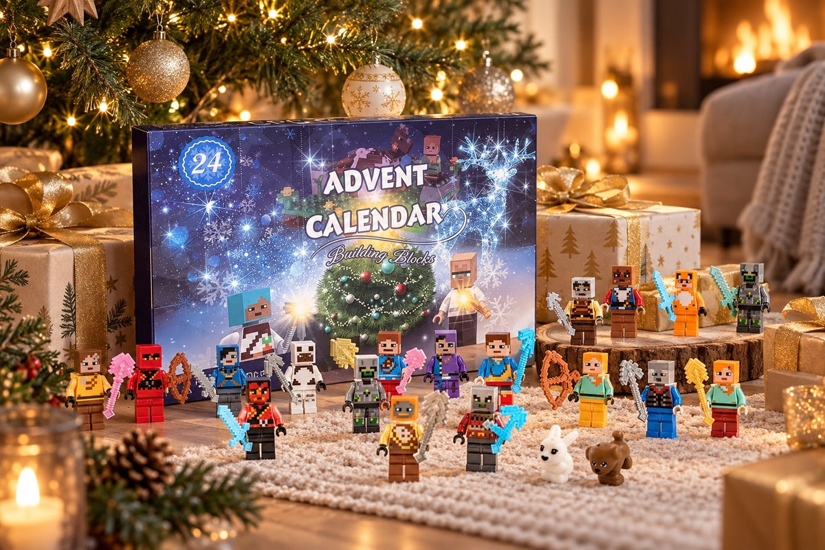 Minifiguren-Kalender im Minecraft-Stil unter dem geschmückten Tannenbaum, die Helden in einer Reihe auf dem Wollteppich