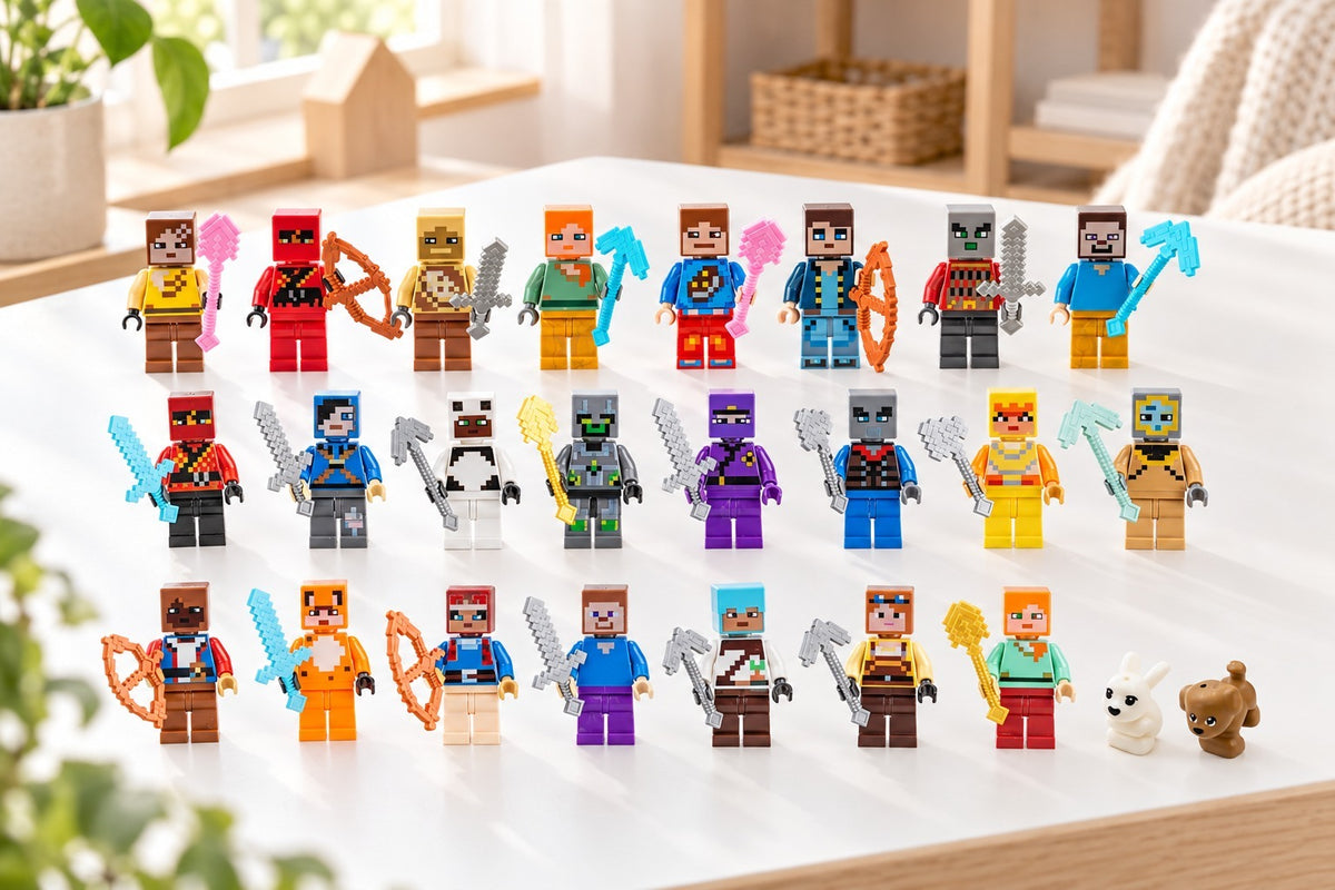 Figurenset 1 in drei Reihen am Fenster: 22 Minifiguren mit Äxten, Spitzhacken und Schwertern