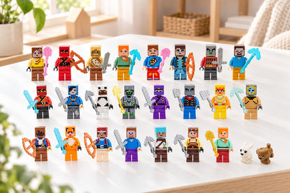 Figurenset 1 in drei Reihen am Fenster: 22 Minifiguren mit Äxten, Spitzhacken und Schwertern