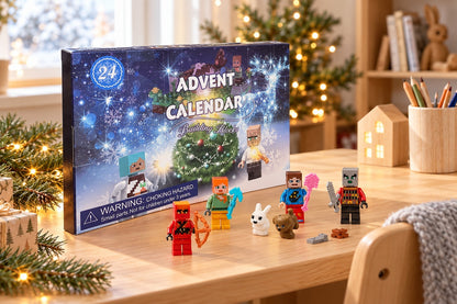 Pixel-Helden-Kalender auf dem Kinderschreibtisch neben Stiftebecher, davor Bogenschütze, Hase und Hund