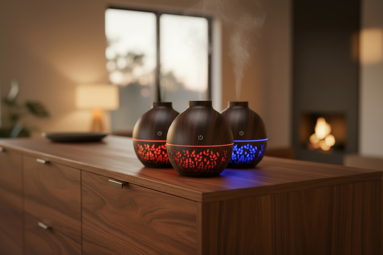 Flammen Aroma Diffuser auf Schreibtisch, ideal für Büro für frische Luft und Stressabbau.