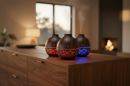 Flammen Aroma Diffuser auf Schreibtisch, ideal für Büro für frische Luft und Stressabbau.