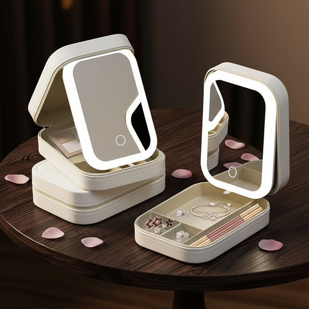 Schminkbox LED-Spiegel Make-up Organizer Vorderansicht schminkspiegel led