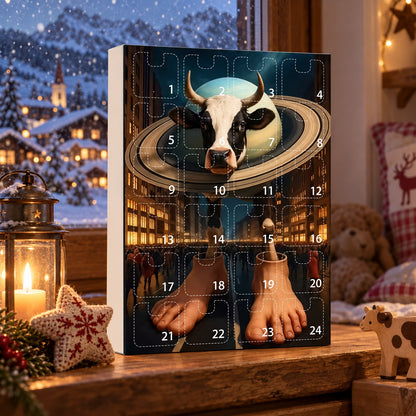 Brainrot Adventskalender Set H mit Kuh auf dem Saturn Box auf verschneiter Fensterbank