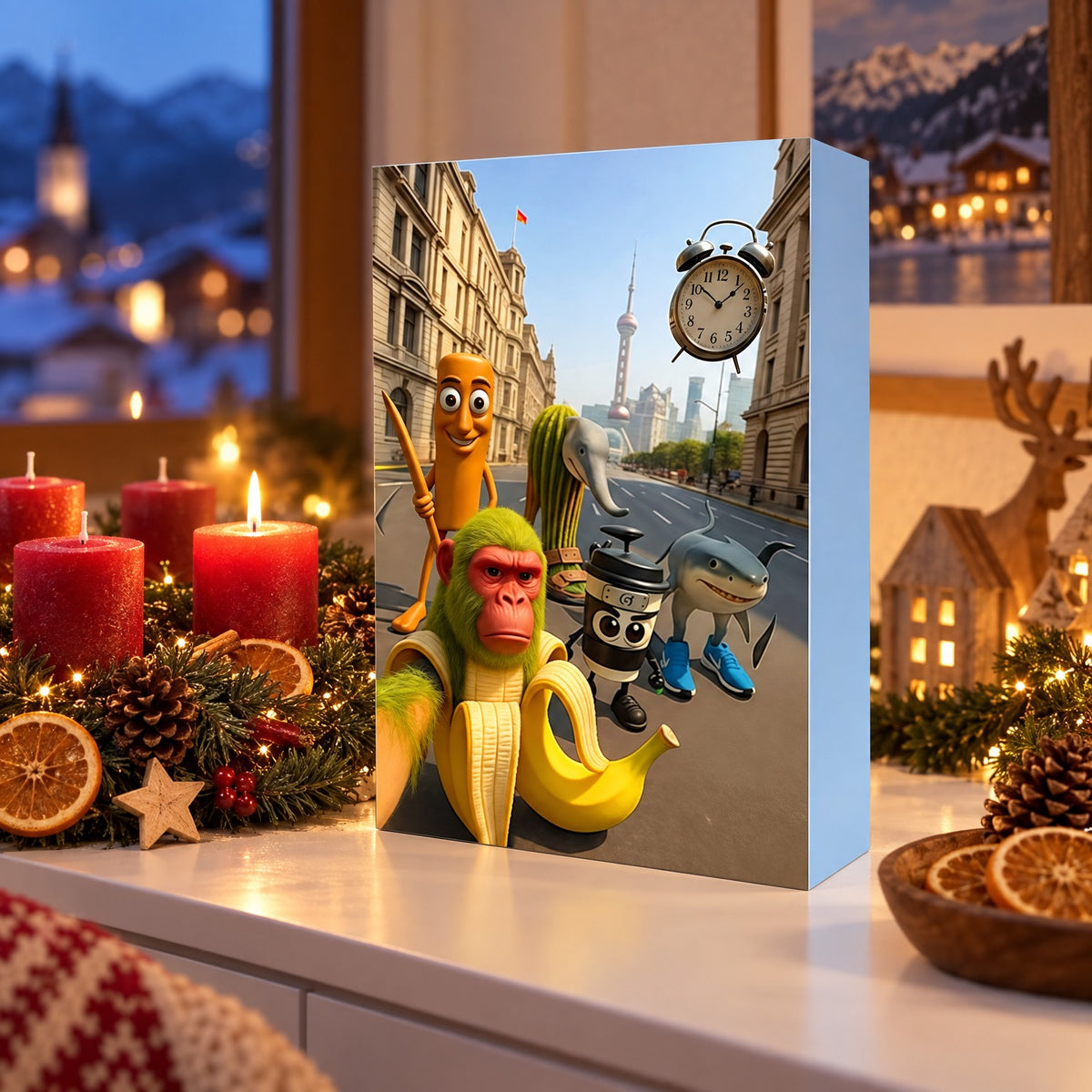 Brainrot Adventskalender Set F mit Chimpanzini Bananini Box neben Adventskerzen