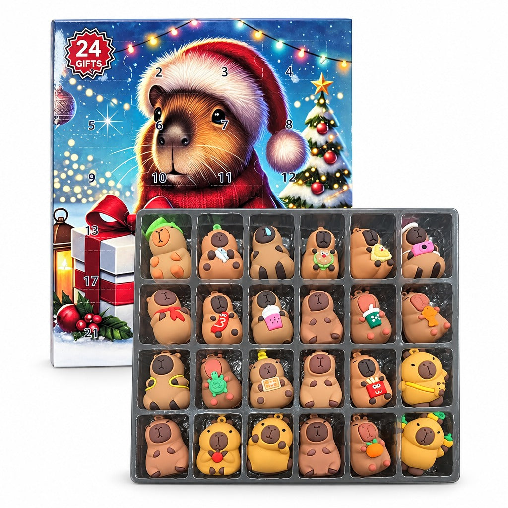 Capybara Adventskalender mit 24 echten 3D-Figuren: Box mit Weihnachtsmotiv und offene Figurenschale