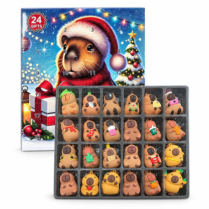 Capybara Adventskalender mit 24 echten 3D-Figuren: Box mit Weihnachtsmotiv und offene Figurenschale