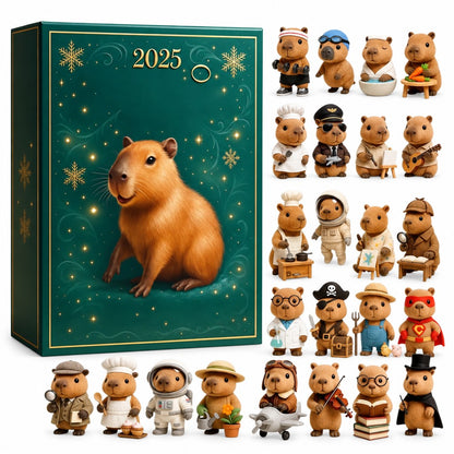 Capybara Adventskalender: dunkelgrüne Box mit Wasserschwein, daneben alle 24 verkleideten Acryl-Anhänger