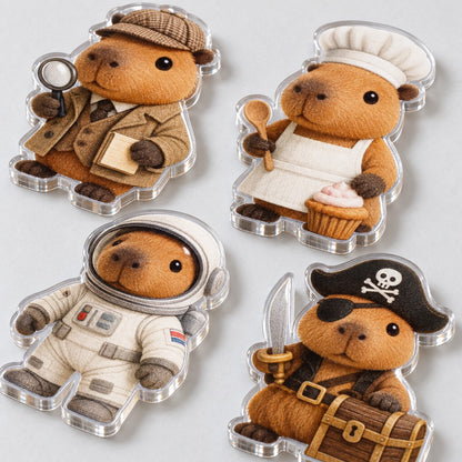 Capybara-Anhänger aus Acryl: Detektiv mit Lupe, Koch mit Muffin, Astronaut und Pirat mit Schatzkiste