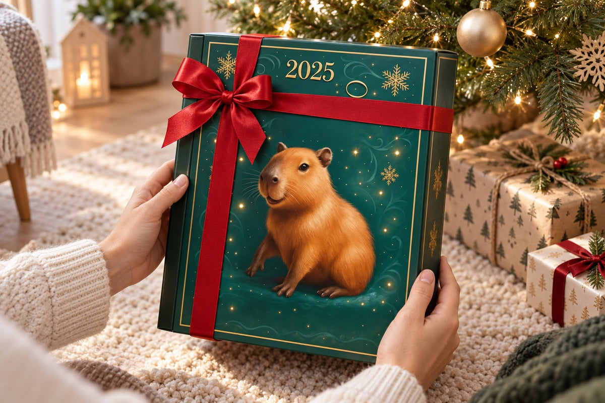 Hände halten die grüne Capybara-Box mit roter Satinschleife vor Geschenken in Packpapier