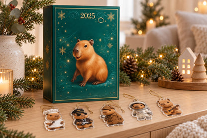 Grüne Capybara-Box auf einem Sideboard, davor fünf Anhänger an goldenen Fäden