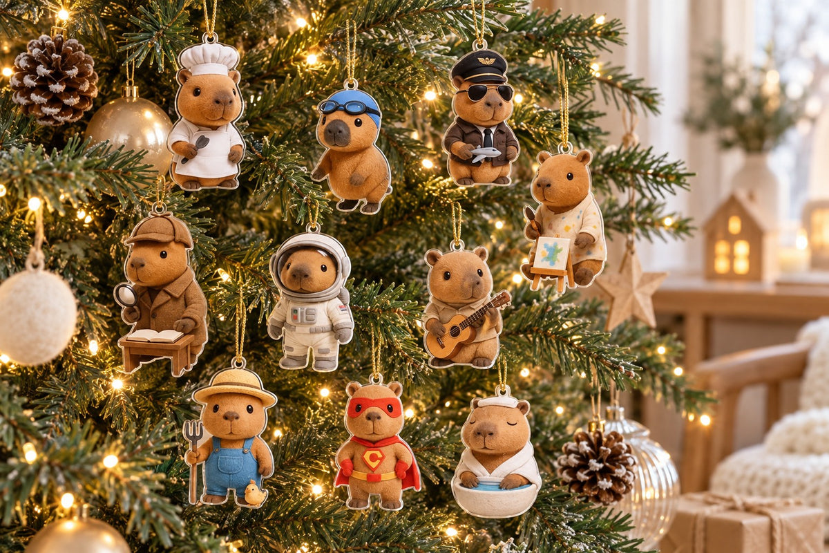 Verkleidete Wasserschweine als Baumschmuck zwischen Lichtern und Tannenzapfen am Christbaum