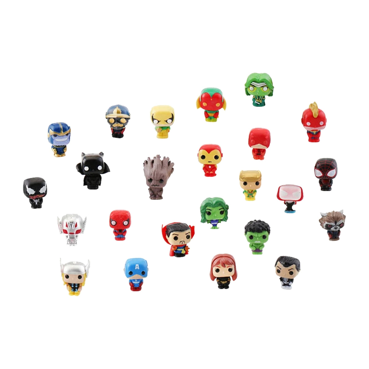 Kugelrunde Chibi-Superhelden in der Nahansicht: Groot, Iron Man, Hulk, Captain America und weitere Köpfe