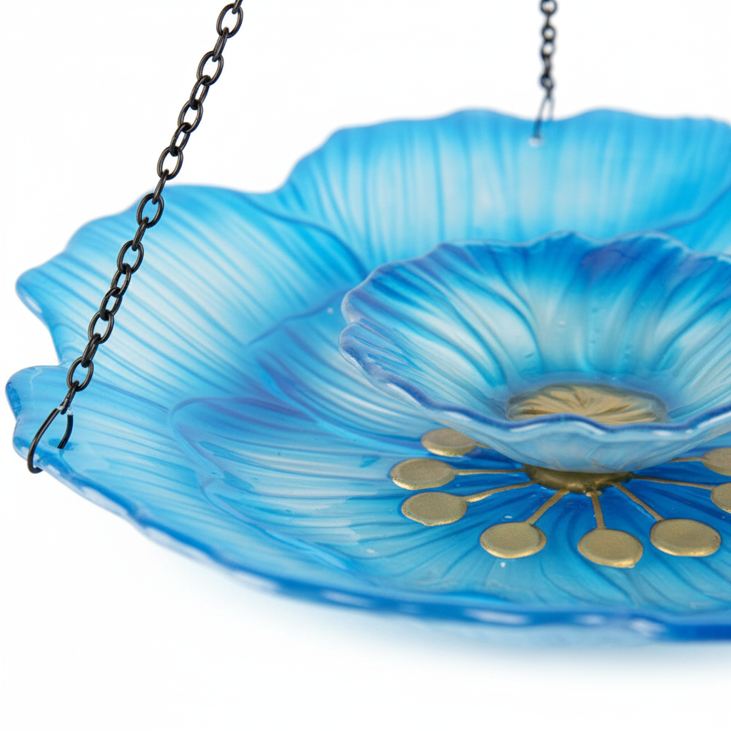 Detailansicht der blauen Glasschale mit goldenem Blütenmuster in der Mitte der Vogeltränke