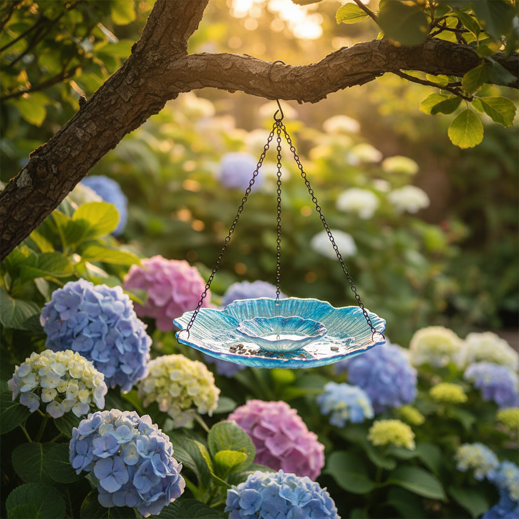 Zweistufige Glasschale als Vogelfutterstation im blühenden Garten mit Hortensien im Abendlicht