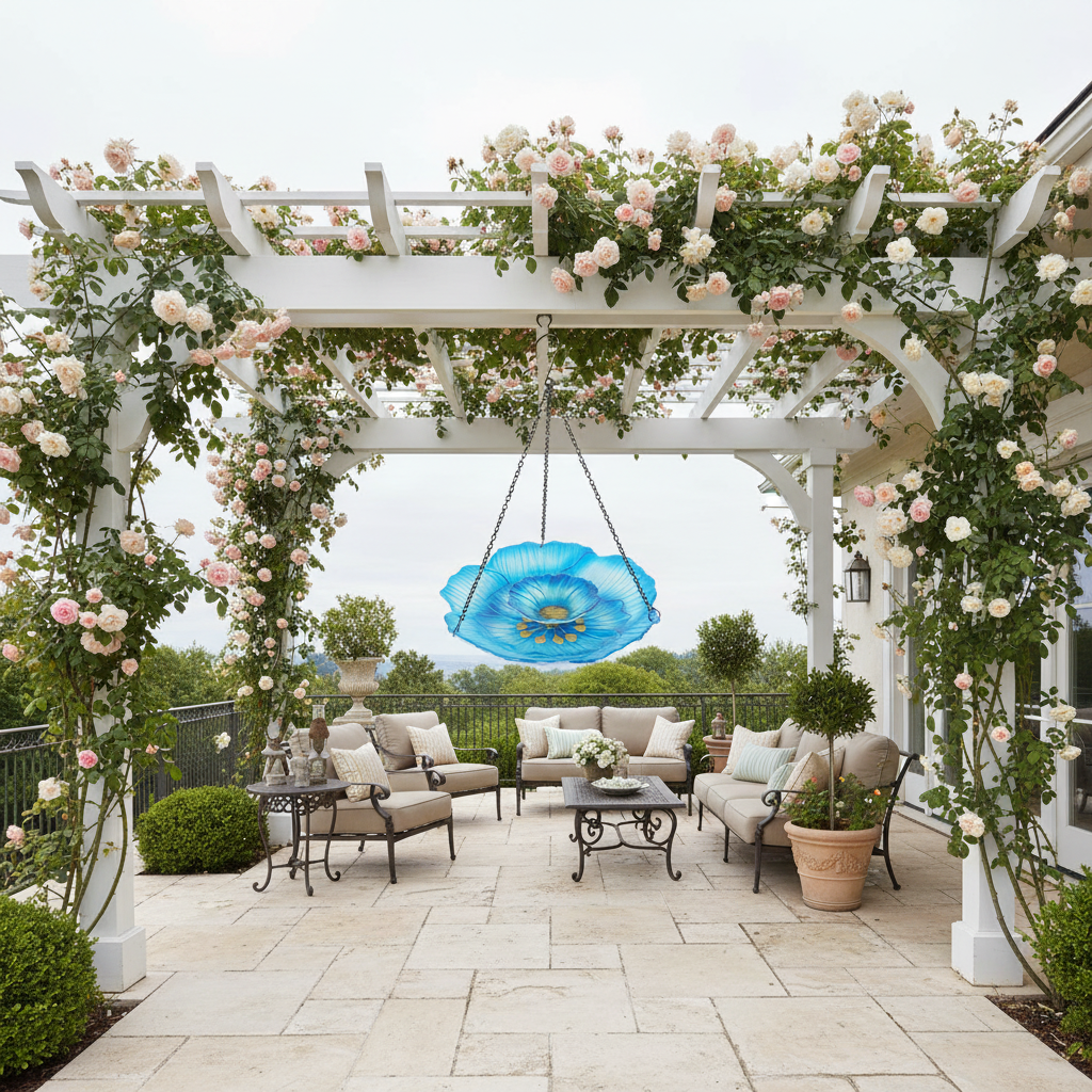 Glasschale Vogelfutterspender in Blütenform an Rosenperola mit Gartenmöbeln im Hintergrund