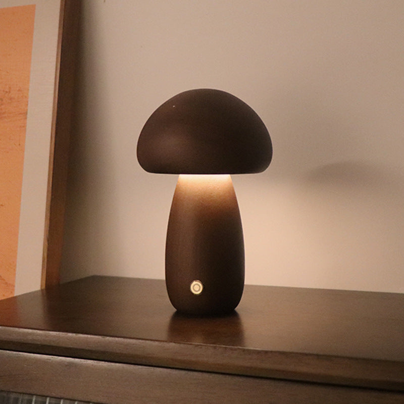 LED Pilzlampe Holz Rund Nussbaum – Nachttischlampe dimmbar Schlafzimmer
