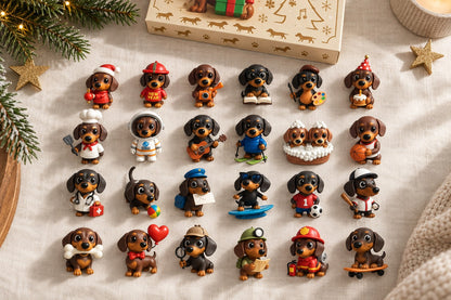 Alle 24 Dackel Figuren aus dem Adventskalender in vier Reihen auf heller Decke, oben die Box zwischen Tannenzweigen