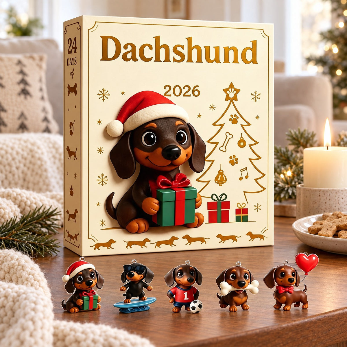 Dackel Adventskalender 2026 Box mit fünf Dackel-Anhängern