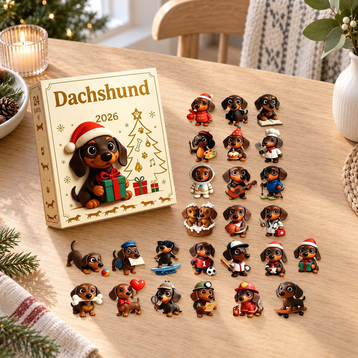 Inhalt Dackel Adventskalender: 24 Dackel-Anhänger neben der Box