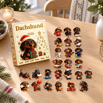 Inhalt Dackel Adventskalender: 24 Dackel-Anhänger neben der Box