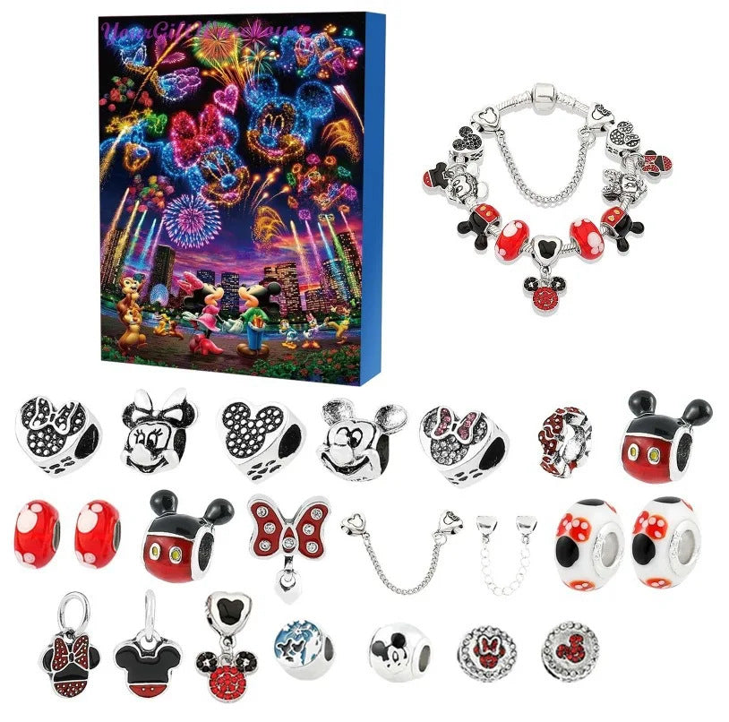 Charm-Armband Adventskalender 2026 mit Mickey-Feuerwerk-Box im Neonlook, Armband und Charms