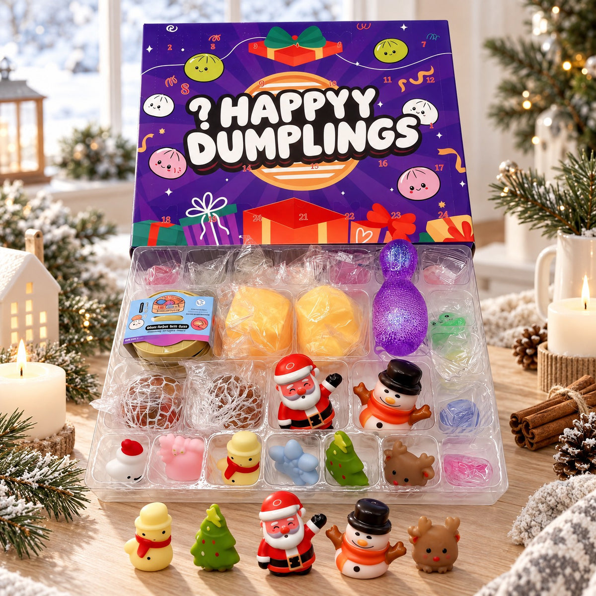 Mystery Dumpling Adventskalender lila Box mit Santa, Schneemann und Squishies