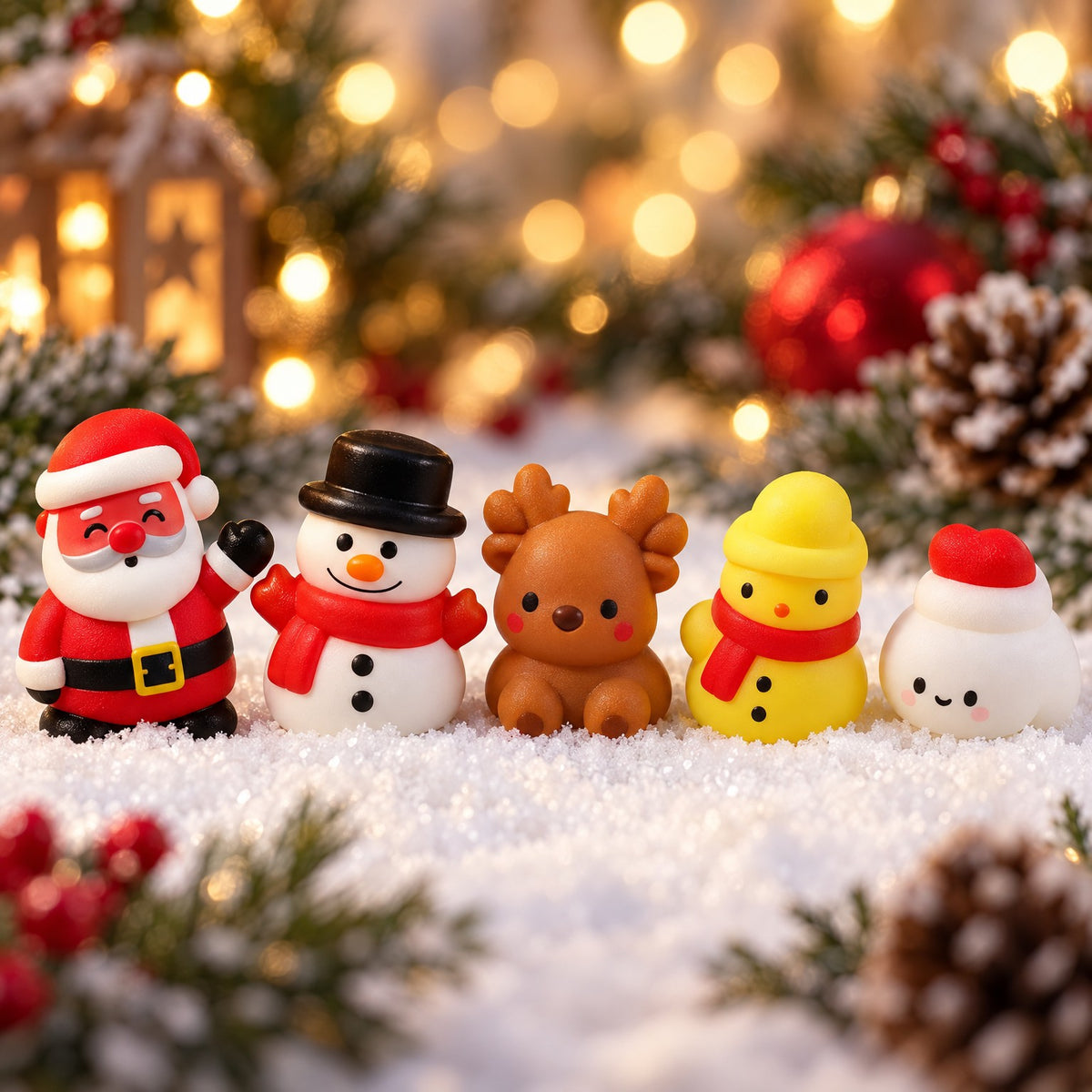 Nahaufnahme Santa, Schneemann, Rentier und weitere Squishy-Figuren