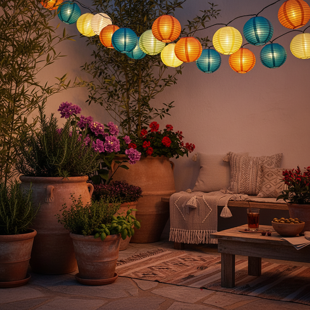 Solar Lichterkette mit bunten Stoff-Lampions im mediterranen Garten am Sommerabend