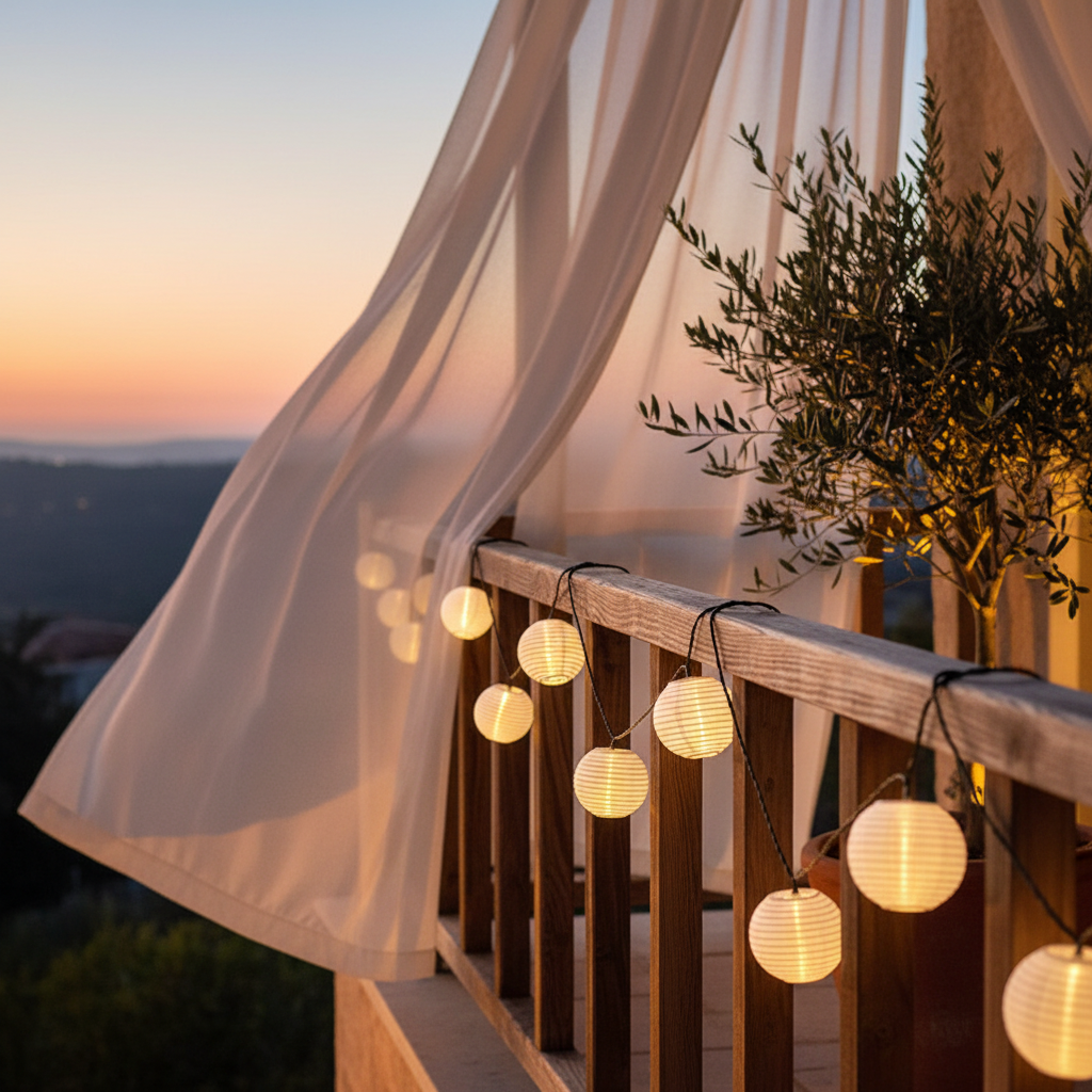 Solarlichterkette Outdoor leuchtet im Boho-Stil zwischen Pflanzen auf der Terrasse