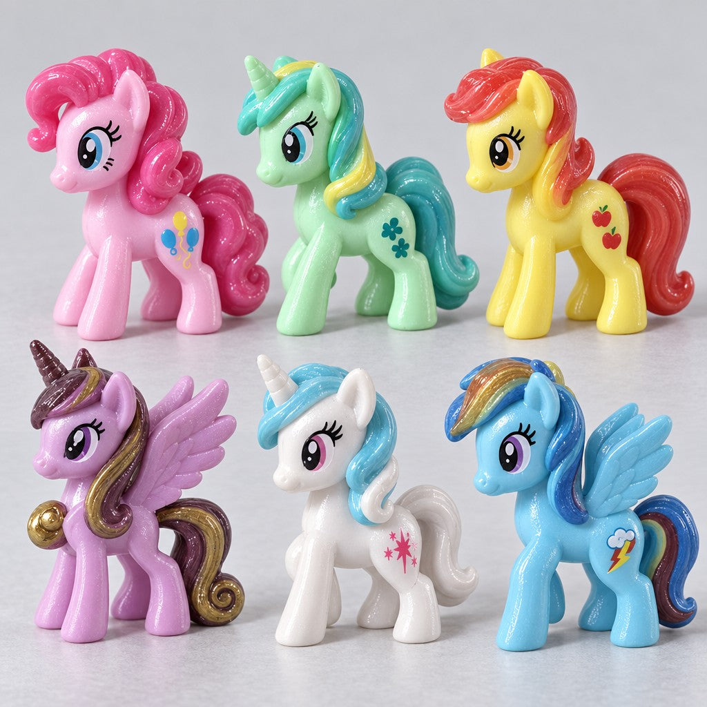 Nahaufnahme: sechs Pony- und Einhorn-Figuren in Rosa, Mint, Gelb, Lila, Weiss und Hellblau