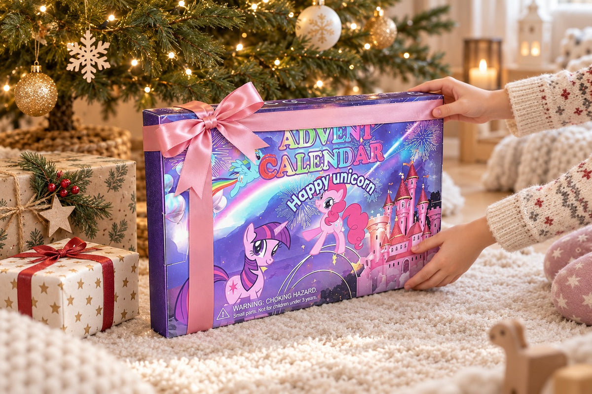 Kinderhände im Strickpulli halten die lila Einhorn-Box mit rosa Band unter dem Tannenbaum