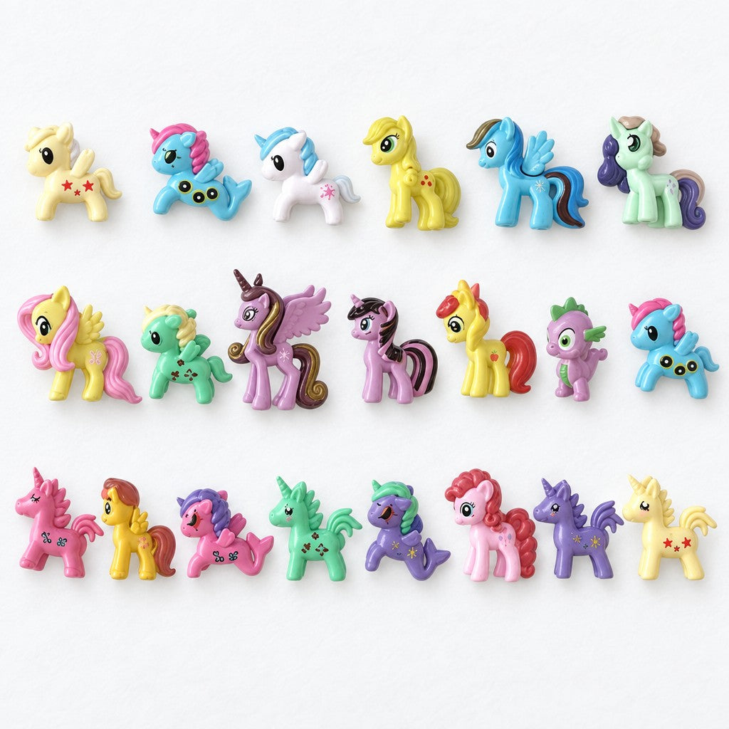 Inhalt: bunte Pony- und Einhorn-Figuren nebeneinander auf weissem Untergrund