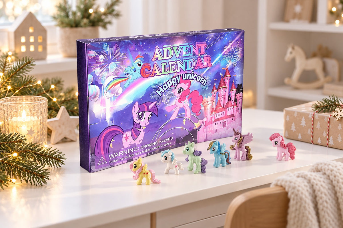 Einhorn Adventskalender auf dem Kinderschreibtisch, davor kleine Pony-Figuren in Pastellfarben