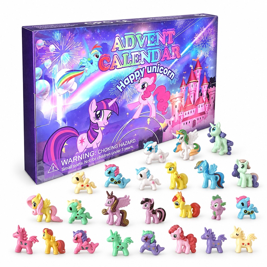 Pony Adventskalender mit lila Box „Happy unicorn“ und 24 bunten Pony- und Einhorn-Figuren davor