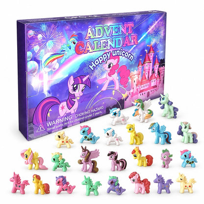 Pony Adventskalender mit lila Box „Happy unicorn“ und 24 bunten Pony- und Einhorn-Figuren davor