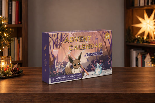 Evoli-Kalender mit Waldmotiv im Bücherregal bei Kerzenlicht und Papierstern