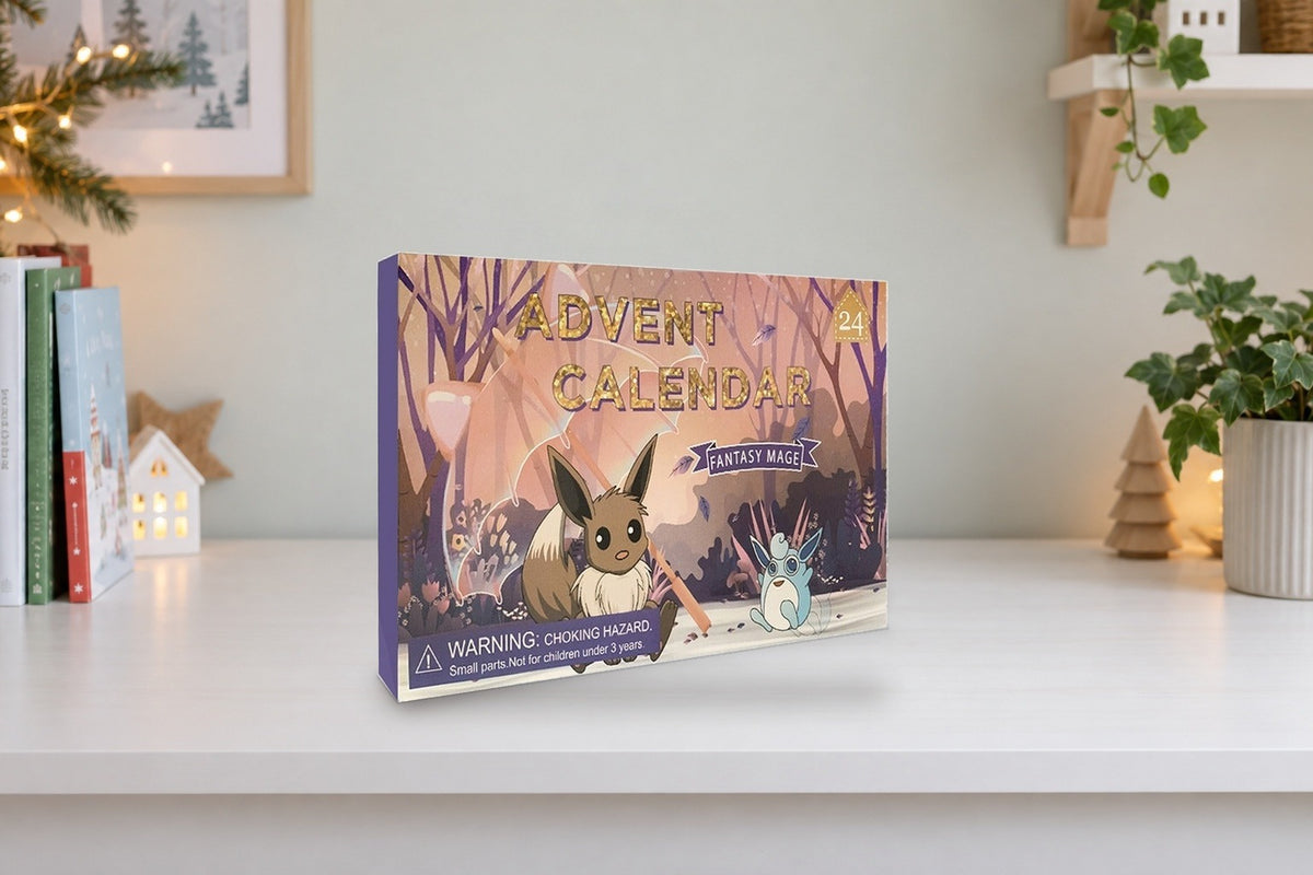 Pastell-Adventskalender mit Evoli im Märchenwald im Wandregal eines Kinderzimmers