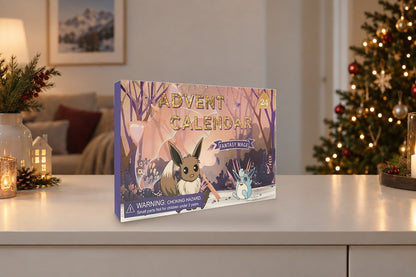 Evoli-Adventskalender mit 24 Mini-Figuren auf dem Sideboard, Weihnachtsbaum im Hintergrund